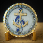Polished Gold and Antique Silver 2D coin with blue Imitation Hard Enamel paint and Diamond-cut edge Stadacona Band challenge Coin Canada